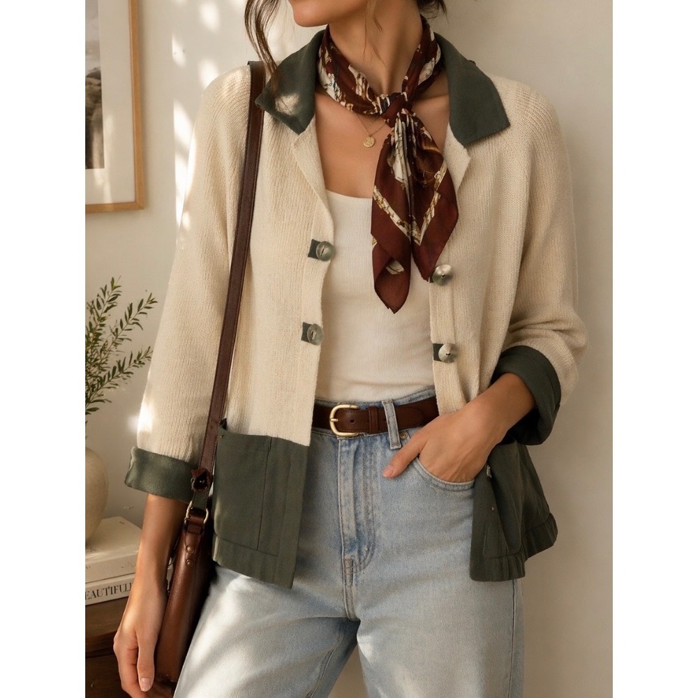 Cloda Linen Wool knit Cardigan Lightweight‎ Cream Slate Trim Coastal Euro Chic M